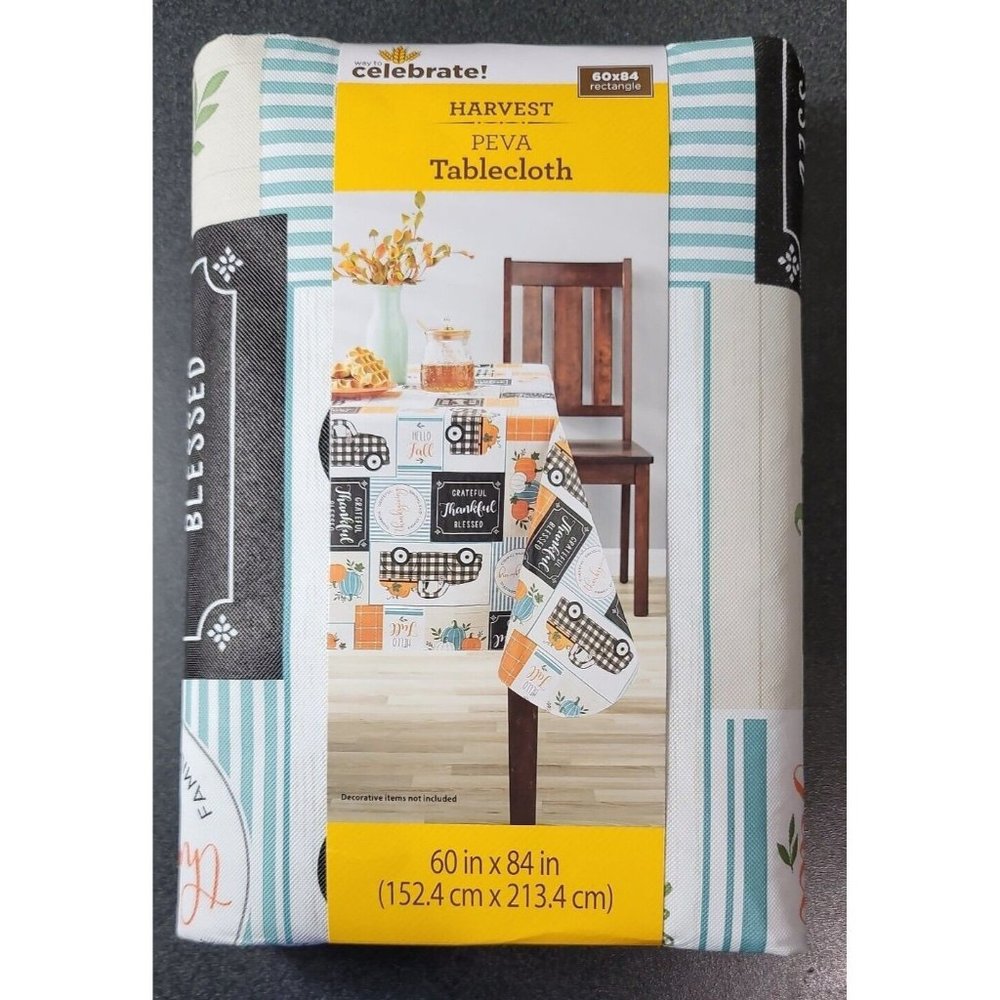 Harvest Peva Tablecloth Vinyl  60x84 Fall Pumpkin Truck Teal Orange
